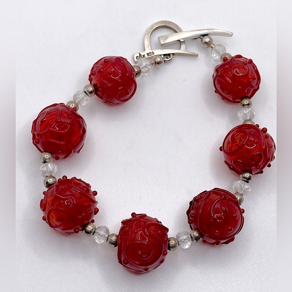 VTG Sterling Silver & Red Lampworked Glass Swirl Bead Toggle Clasp Bracelet 6.8”